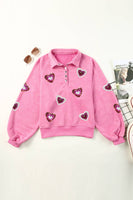 Mineral Wash Sequin Heart Snap Buttons Collared Sweatshirt