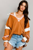 T2004 -French Terry Knit Color-block Collared Loose Fit Top: S-M-L (2-2-2) / BLACK/IVORY