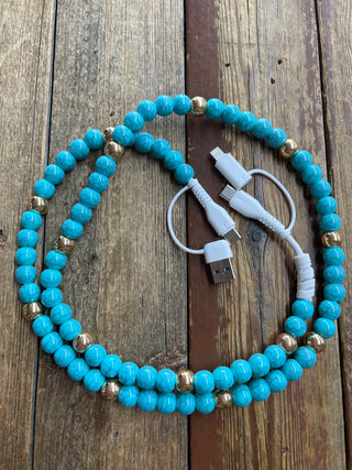 Beaded Phone Charger with Lightning & USB-C Cable: Turquoise and Gold
