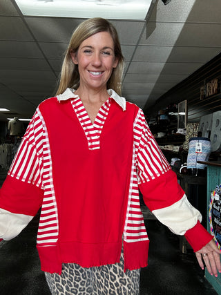 The Block Party: Bold Red Striped Color Block Long Sleeve 🍎