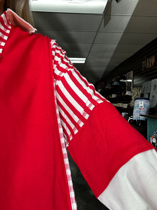 The Block Party: Bold Red Striped Color Block Long Sleeve 🍎