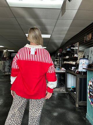 The Block Party: Bold Red Striped Color Block Long Sleeve 🍎