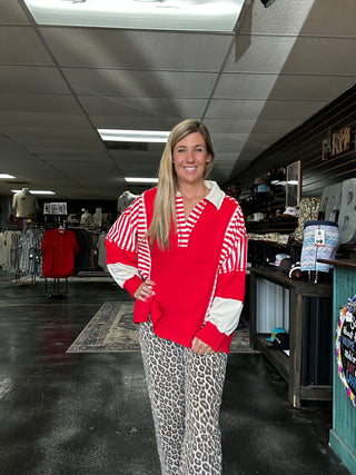 The Block Party: Bold Red Striped Color Block Long Sleeve 🍎