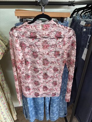 Floral Sheer Mesh Top Rose Red