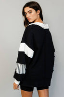 T2004 -French Terry Knit Color-block Collared Loose Fit Top: S-M-L (2-2-2) / BLACK/IVORY