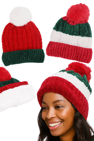 Stripe Chenille Knitted Fleece Lined Beanie: ASSORTED / ONE SIZE