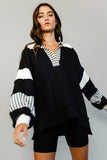 T2004 -French Terry Knit Color-block Collared Loose Fit Top: S-M-L (2-2-2) / CREAM/SKY BLUE