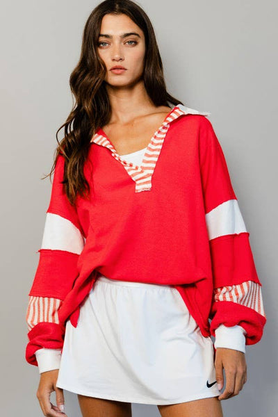 French Terry Knit Color-block Collared Loose Fit Top